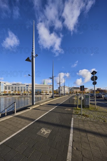 Boat harbor, water area, lantern, general architecture, modern buildings, sidewalk, footpath and
