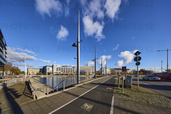 Boat harbor, triangular water area, lantern, general architecture, modern buildings, sidewalk,