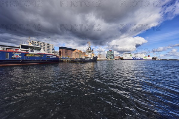 Kiel Fjord, port, pier, passenger ship, port and sea tug, ferry ship, general architecture, brick
