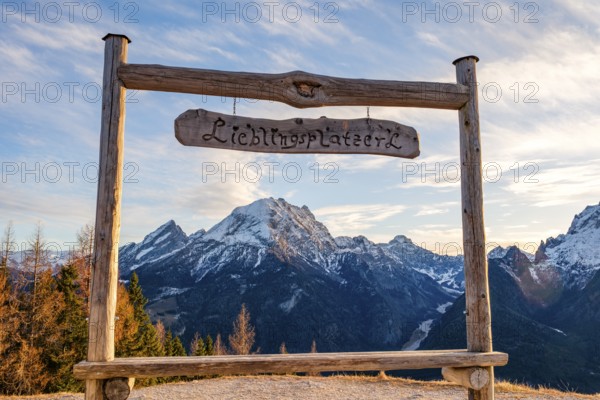 Snow-covered Watzmann through a wooden frame with the inscription Lieblingsplatzerl, Hirscheck,