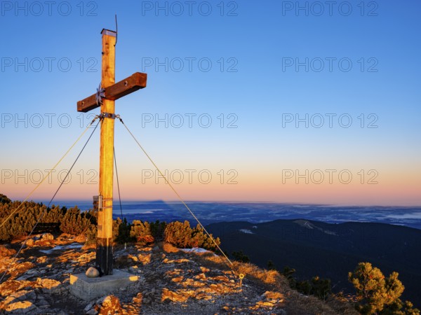 Sunrise at Zwiesel summit cross, Bad Reichenhall, Berchtesgadener Land, Upper Bavaria, Bavaria,