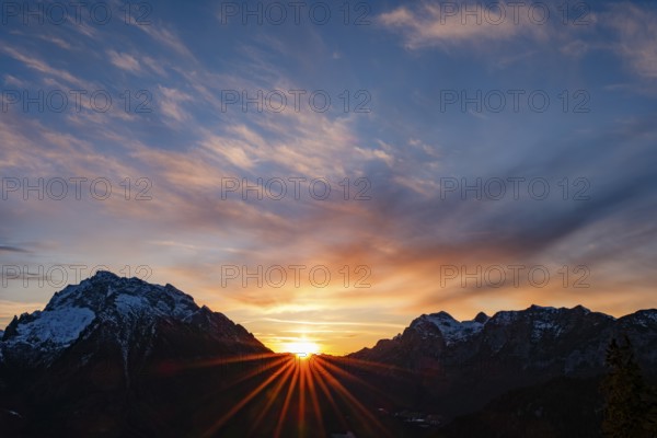 Sunset in the mountains between Hochkalter and horse-rider Alpe, Hirscheck, Ramsau, Berchtesgadener