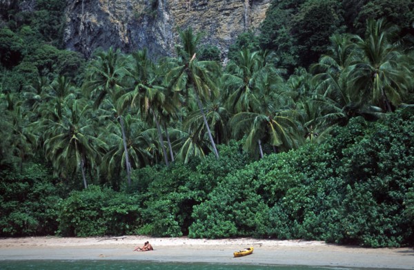 Palm trees, people, kayak, Ao Nang beach, two years in front of the tsunami, Krabi, Thailand,