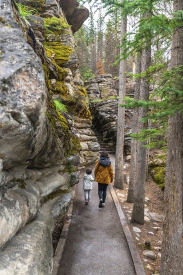 Mother and child enjoying a leisurely walk along a paved path, surrounded by lush green trees and