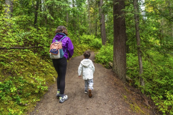 Mother and son are enjoying a leisurely hike along a tranquil forest path, surrounded by vibrant