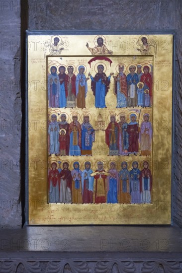 Orthodox icon on gold background depicting saints in solemn style, Svetitskhoveli Cathedral,