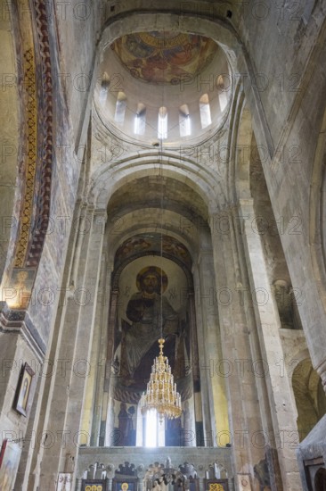 An impressive vaulted ceiling with frescoes and a depiction of Christ in a church, Svetitskhoveli