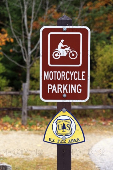 Motorcycle parking sign, White Mountain National Forest, Kancamagus Highway, New Hampshire, New