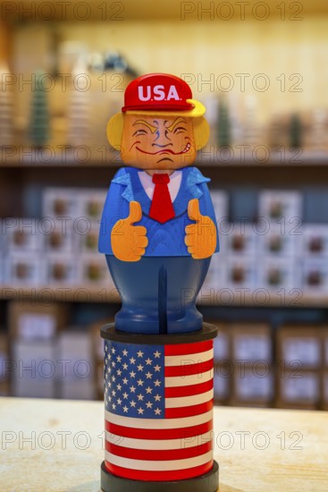 Carved wooden figure of US President Donald Trump, health resort and toy village Seiffen, Ore