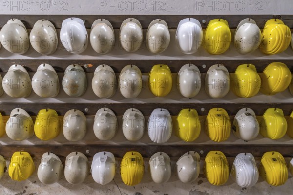 Miners' helmets at the entrance to the tunnel in the coal world, Steinkohlebergbau Sachsen Museum,