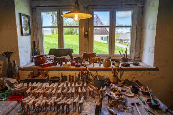 Wooden toys and tools in the historic workshop of a toy maker, Seiffen open-air museum, Ore