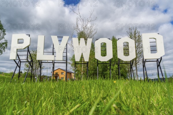 Sculpture, art installation Plywood in the form of Hollywood lettering by artist Jay Gard, Purple