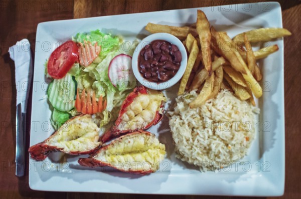 Plate of breaded shrimp with rice on the table with COPY SPACE, menu of breaded shrimp served on
