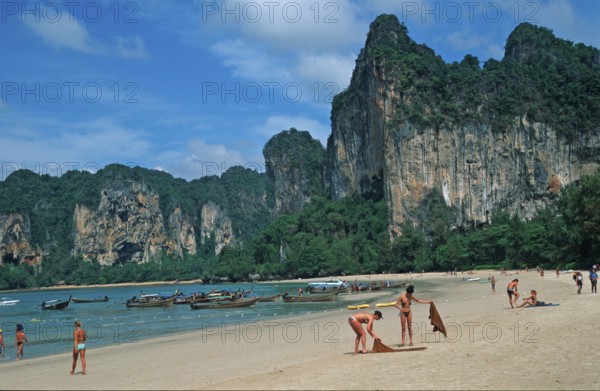 People, longtail boats, beach, Railay West, two years in front of the tsunami, Krabi, Thailand,