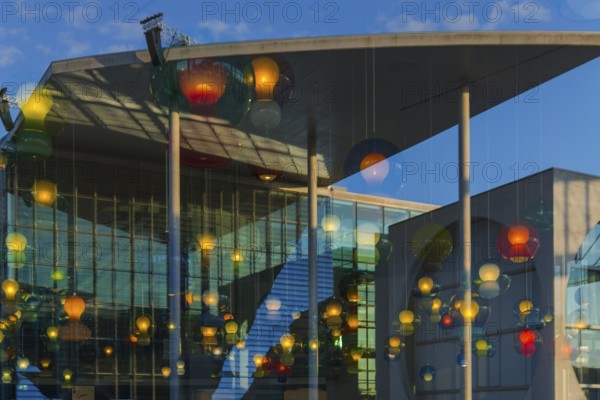 Artistic lamp installation with window reflection of the Marie-Elisabeth-Lüders House, art,
