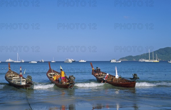 Longtail boats and yachts on Patong Beach, Ko Phuket, two years in front of the tsunami, Thailand,