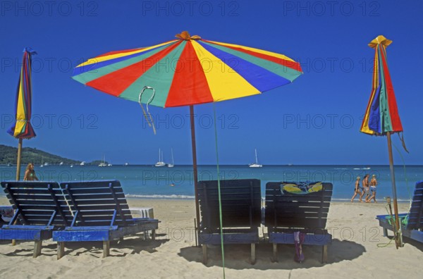 Umbrellas, people, Patong Beach, Ko Phuket, two years in front of the tsunami, Thailand, December