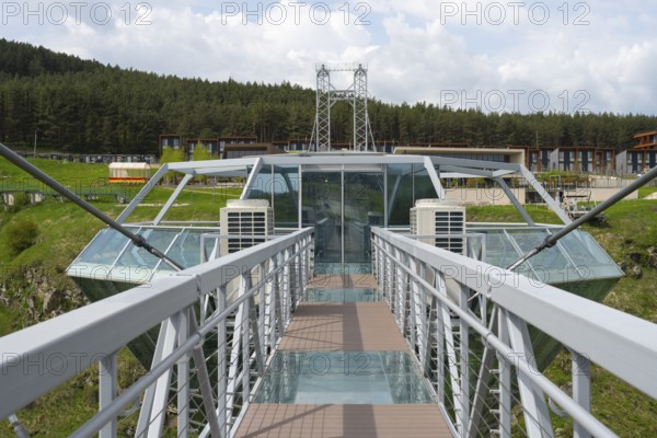 View from a modern glass bridge surrounded by forest and buildings, Diamond Glass Bridge, world's