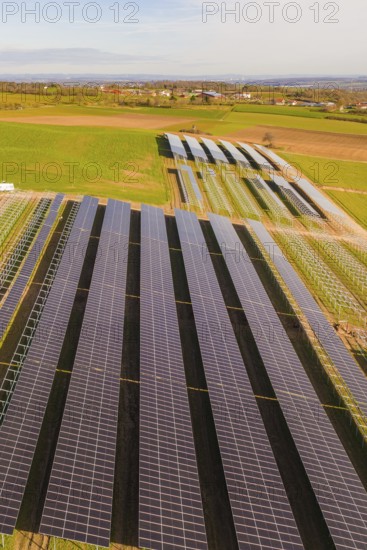 Rows of solar systems on green fields under clear skies, Energiewende, construction of PV open