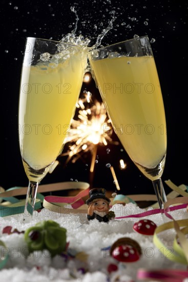 Two sparkling champagne glasses against a sparkling background in the snow with lucky New Year's