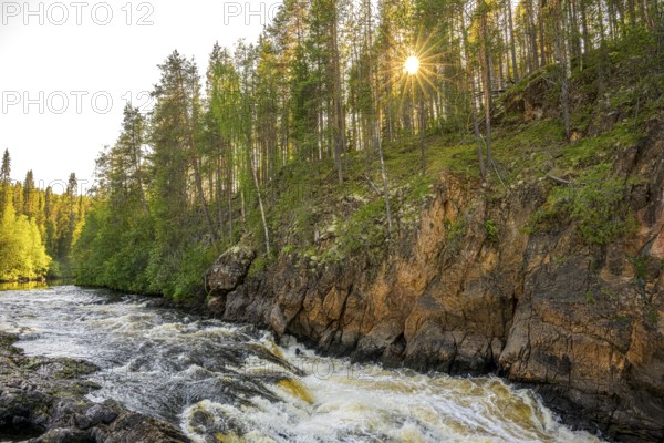 A river flows through a thick forest as the sun shines over the treetops and illuminates the rocks,