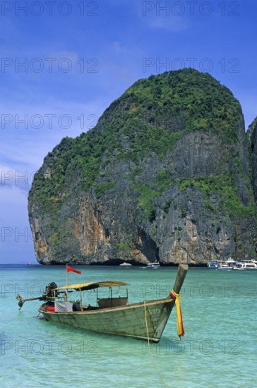 Longtail boat on Maya Bay beach, known from the movie The Beach, one year in front of the tsunami,