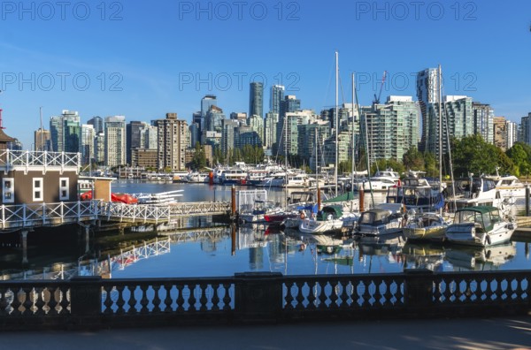 Modern buildings of vancouver reflecting in the calm waters of coal harbour, with yachts and