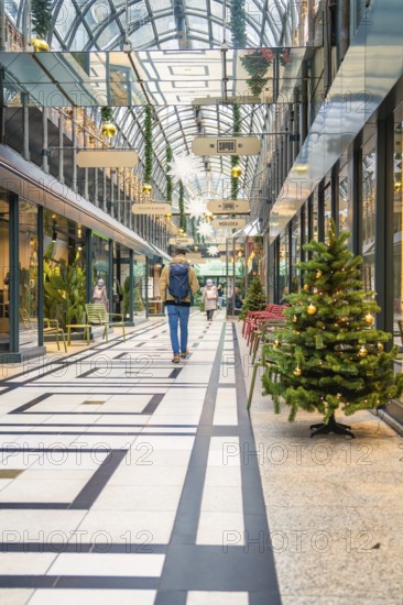 Modern shopping center with glass roof and Christmas trees in a festive atmosphere, Calwer Passage,