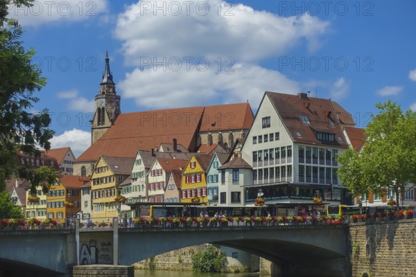 Eberhardsbrücke, Neckar, rear old town, houses, collegiate church, Tübingen, Baden-Württemberg,
