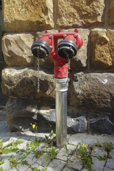 Hydrant, red faucet for extracting water, back masonry, paving stones, Tübingen, Baden-Württemberg,