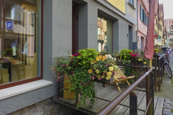 Shop entrance at the Ammer, floral decoration, typical scene, shopping street, planter with various
