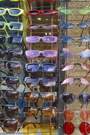 Colorful sunglasses, range of products, eyeglass holder, eyeglass stand, funny shapes, Tübingen,