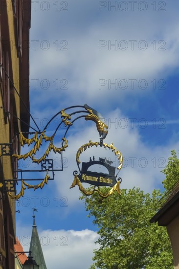 Tavern sign, crooked bridge, old restaurant sign, gold decoration, figurines, filigree advertising