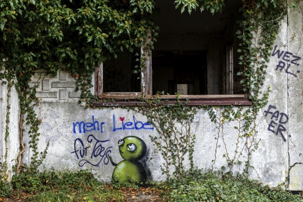 Grafity on an old house wall, dilapidated plant of a former agricultural production cooperative of