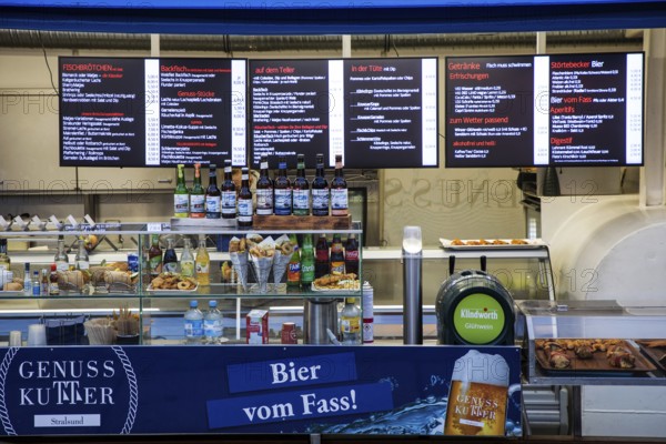 Sales stand on cutters in the ferry channel, Hanseatic City of Stralsund, Baltic Sea,