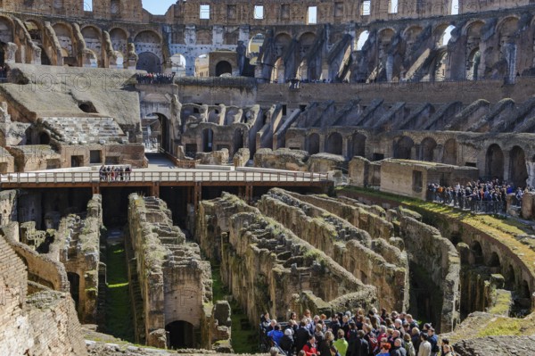 Many tourists crowd into the Colosseum looking at Hypogeum Hypogeum, Rome, Lazio, Italy