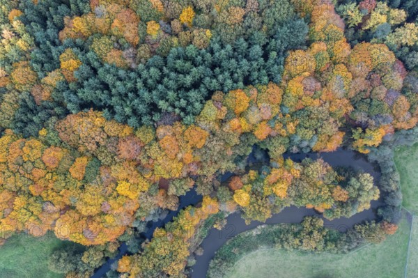 The river Hunte, which surrounds a green island with autumn-colored trees, viewed from the air,