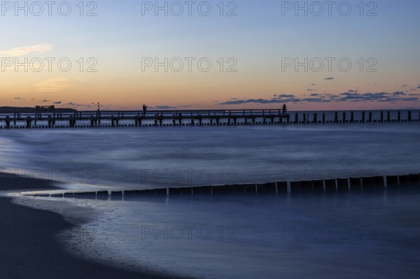 Groves and wooden walkway in the sea, sunset, long exposure, Zingst, Fischland-Darß-Zingst, Western