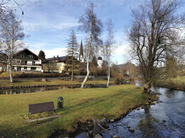 View of fish with small streams, Kirchtum in the back, Illertal, Oberallgäu, Allgäu, Bavaria,