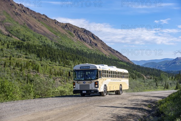 Tourist bus, national park bus on a dirt road, mountainous landscape, Denali Park Road, Denali