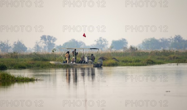 Tourist boat, tourists taking pictures of elephants, Xakanaxa Lagoon, Okavango Delta, Moremi Game