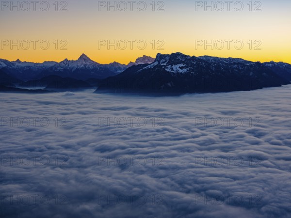 Dusk in the mountains, in the Fog Sea Valley, Berchtesgaden Alps with Watzmann, Hochkalter and
