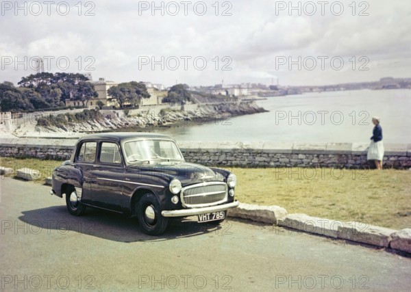 Hillman Minx car partked by the coast Plymouth, Devon, England, UK c 1962