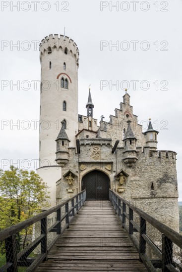 Castle and autumnal forest, Lichtenstein Castle, Honau, Echaz Valley, Swabian Jura,
