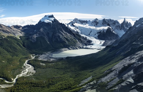 Aerial View, Epic Panorama, Glaciar Torre Glacier Lake Laguna Torre, Mountains and Peaks of Monte
