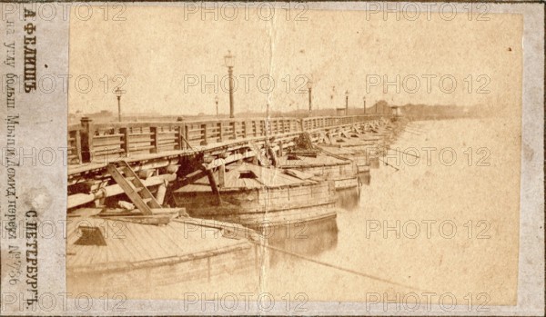 Carte de Visite, CdV, pontoon bridge across the Neva, 1860s, St. Petersburg, Russia