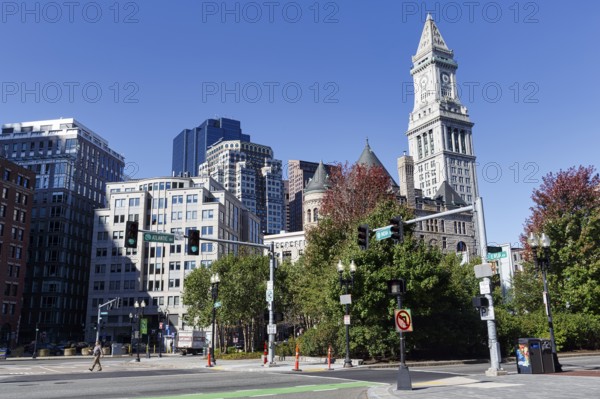 Government Center with Boston City Hall and Custom House Tower, Clock Tower, Passerby, Road