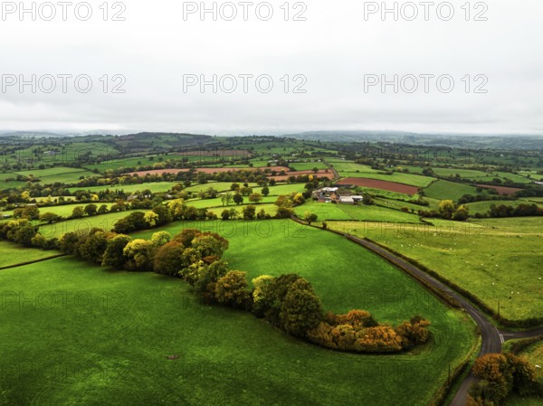 Autumn colours over Wales Farms and Fields from a drone, Grosmont, Abergavenny, Monmouthshire,