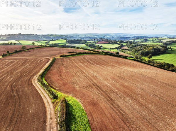 Colours of Devon Farms and Fields over Paignton and Berry Pomeroy from a drone, Totnes, England,