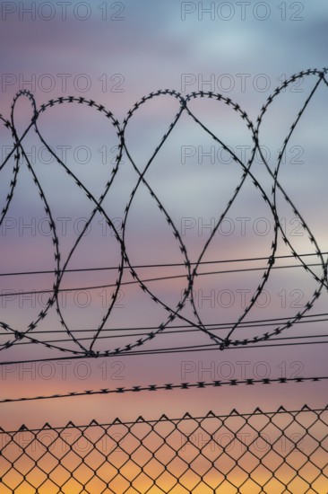 Braided barbed wire stands out against colorful evening sky, Baden-Württemberg, Germany